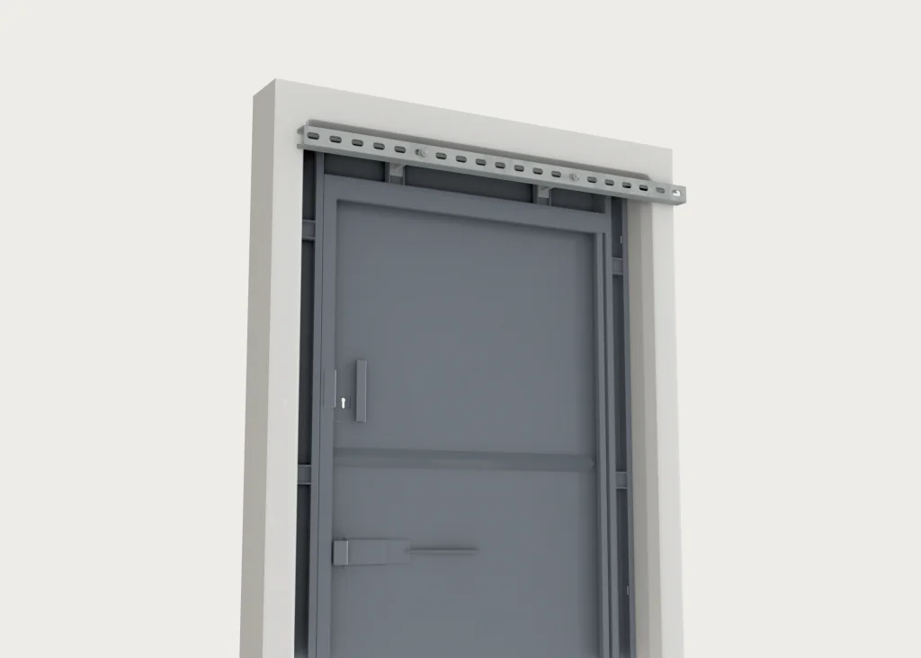 Security door top of rear assembly with unistrut across top of door